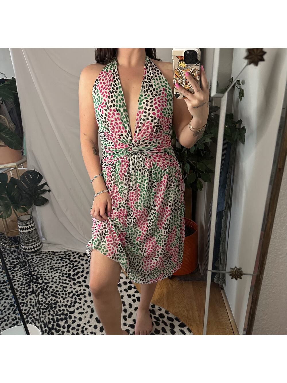 Vintage Silk Diane Von Furstenberg Patterned Plunge V-Neck Halter Dress